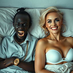 In a basic bed, a striking scene unfolds featuring two women in an unexpected relationship