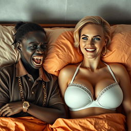 In a basic bed, a striking scene unfolds featuring two women in an unexpected relationship