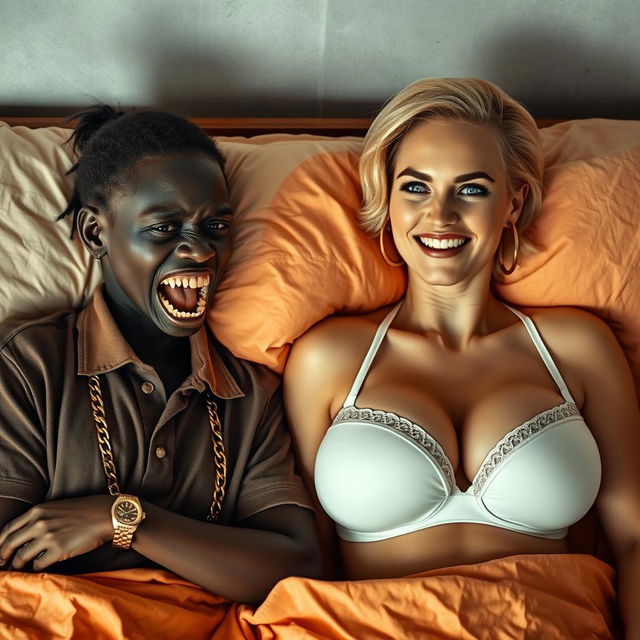 In a basic bed, a striking scene unfolds featuring two women in an unexpected relationship