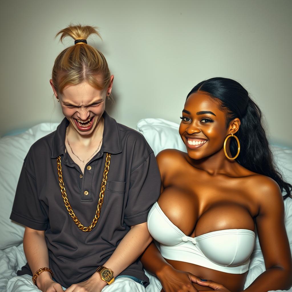 In a poor bed, an intriguing scene features two women with striking contrasts