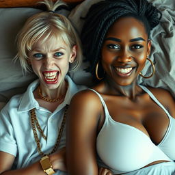 In a poor bed, an intriguing scene features two women with striking contrasts