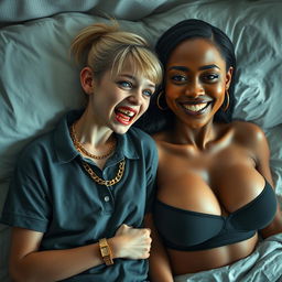 In a poor bed, a captivating scene depicts two contrasting women