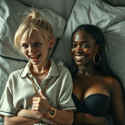 In a poor bed, a captivating scene depicts two contrasting women