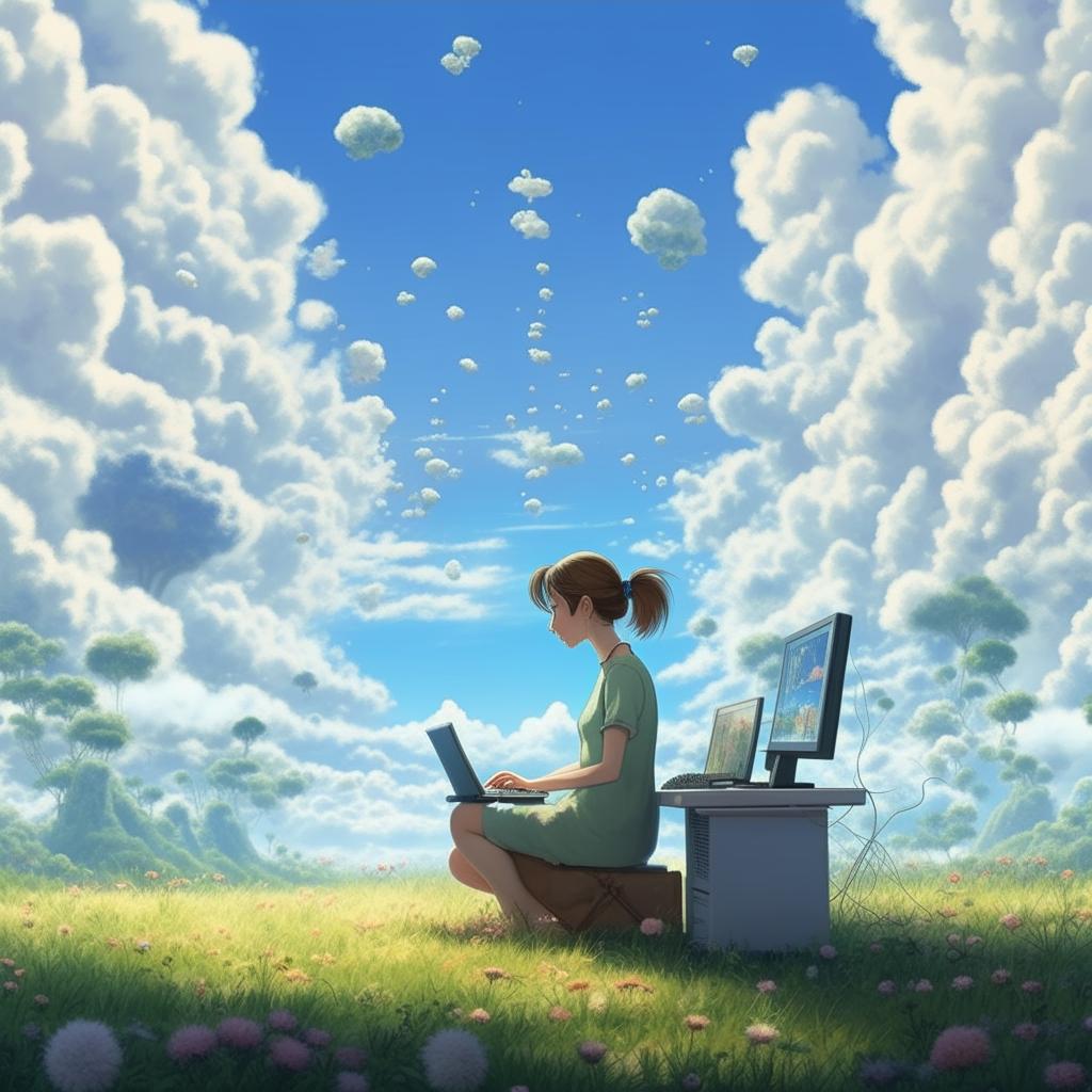 Woman working on a PC, daydreaming in a whimsical 'Studio Ghibli' like world. Background of a clear blue sky scattered with fluffy white clouds.