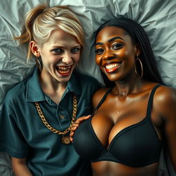 In a poor bed, a captivating scene depicts two contrasting women