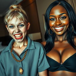 In a hotel room, a vivid scene captures two contrasting women