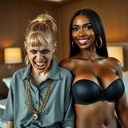 In a hotel room, a captivating scene showcases two contrasting women