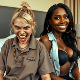 In a hotel room, a captivating scene showcases two contrasting women
