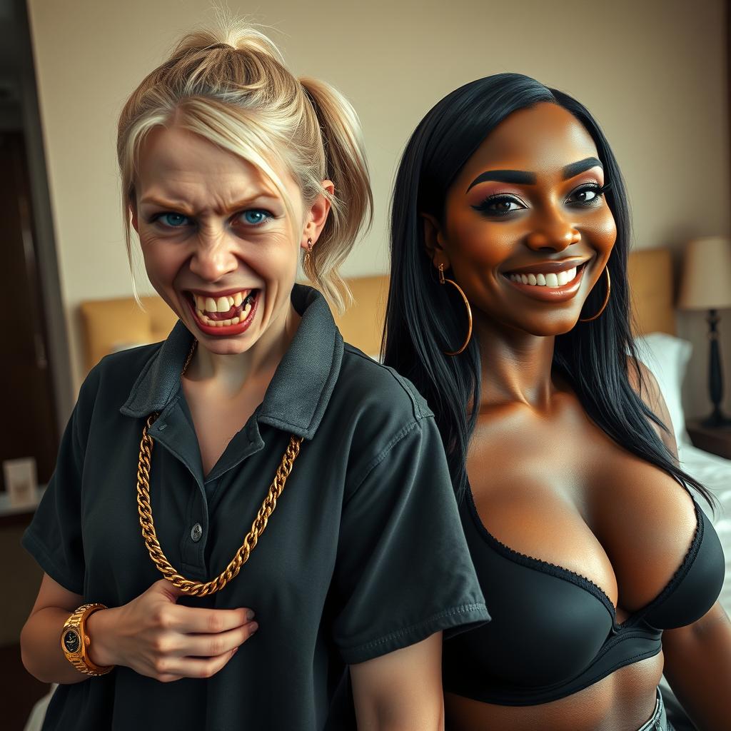 In a hotel room, a captivating scene showcases two contrasting women