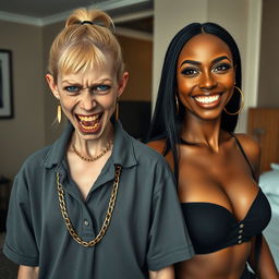 In a hotel room, a striking scene features two contrasting women