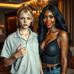 In a luxurious hotel, a compelling scene captures a unique couple