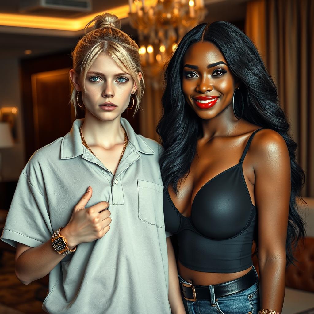 In a luxurious hotel, a compelling scene captures a unique couple