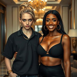 In a luxurious hotel, a compelling scene captures a unique couple