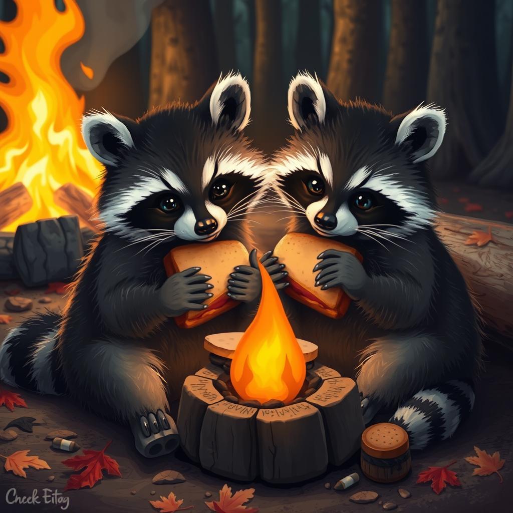 Two adorable raccoons sitting close together, enjoying a delicious sandwich while sitting by a cozy campfire
