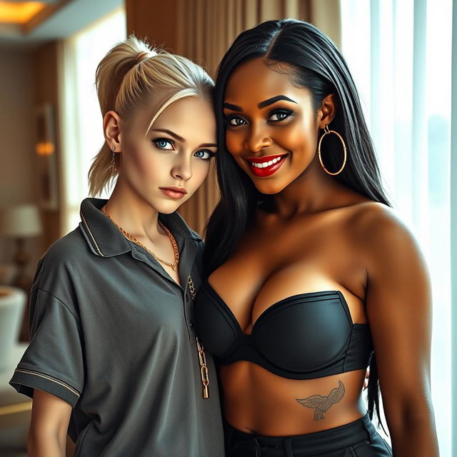 In a luxurious hotel, a striking scene unfolds between an intriguing couple