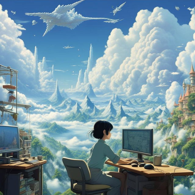 Woman working on a PC, daydreaming in a whimsical 'Studio Ghibli' like world. Background of a clear blue sky scattered with fluffy white clouds.