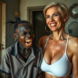 In a rundown room, a captivating and unusual scene unfolds featuring two women