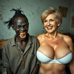 In a rundown room, a captivating and unusual scene unfolds featuring two women