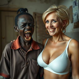 In a rundown room, a captivating and unusual scene unfolds featuring two women