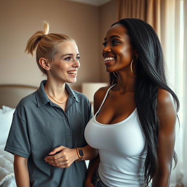 In a hotel room, an intriguing and unusual scene unfolds featuring two women