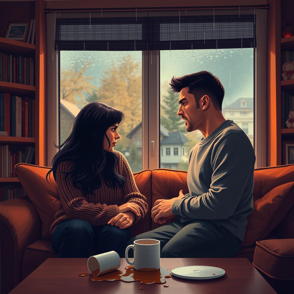 An emotionally charged scene depicting a couple in a heated argument in a cozy living room