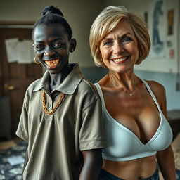 In a rundown room, an intriguing scene features two contrasting women