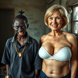 In a rundown room, an intriguing scene features two contrasting women