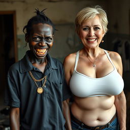 In a rundown room, an intriguing scene features two contrasting women