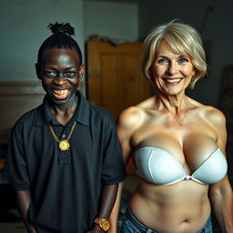 In a rundown room, an intriguing scene features two contrasting women