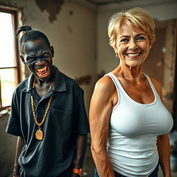 In a dilapidated room, a striking and unusual scene captures two contrasting women