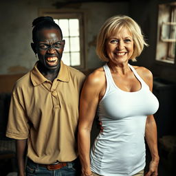 In a dilapidated room, a striking and unusual scene captures two contrasting women