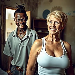 In a dilapidated room, a striking and unusual scene captures two contrasting women