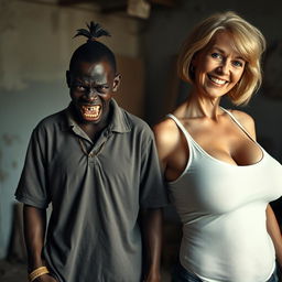 In a dilapidated room, a striking and unusual scene captures two contrasting women