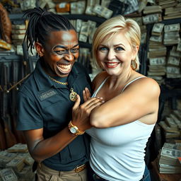 In a cluttered shack filled with weapons and stacks of dollars, a young black African woman, very short and undernourished at 30 years old, has deeply dark skin and is grimacing with decayed teeth and bulging eyes