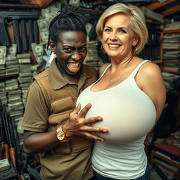 In a cluttered shack filled with weapons and stacks of dollars, a young black African woman, very short and undernourished at 30 years old, has deeply dark skin and is grimacing with decayed teeth and bulging eyes