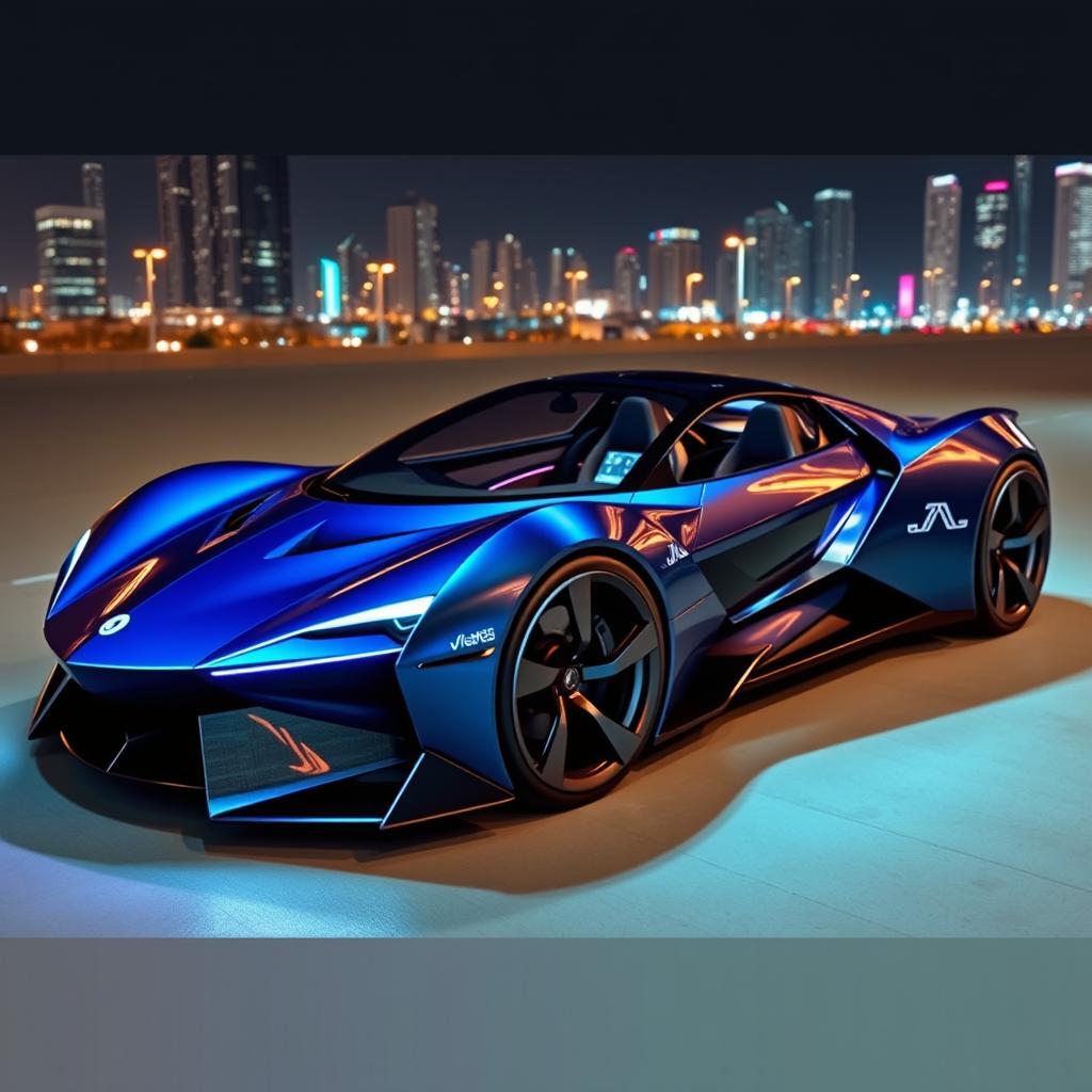 A futuristic supercar with a sleek and aerodynamic design, featuring an unconventional body shape that emphasizes sharp angles and curves