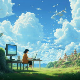 Woman working on a PC, daydreaming in a whimsical 'Studio Ghibli' like world. Background of a clear blue sky scattered with fluffy white clouds.