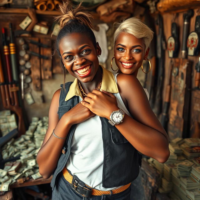In a rundown shack brimming with weapons and piles of dollars, a young black African woman, very Short and malnourished at 30 years old, has deep black skin and displays a grimace revealing decayed teeth and bulging eyes