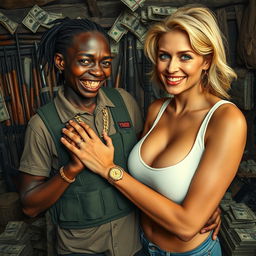 In a rundown shack brimming with weapons and piles of dollars, a young black African woman, very Short and malnourished at 30 years old, has deep black skin and displays a grimace revealing decayed teeth and bulging eyes