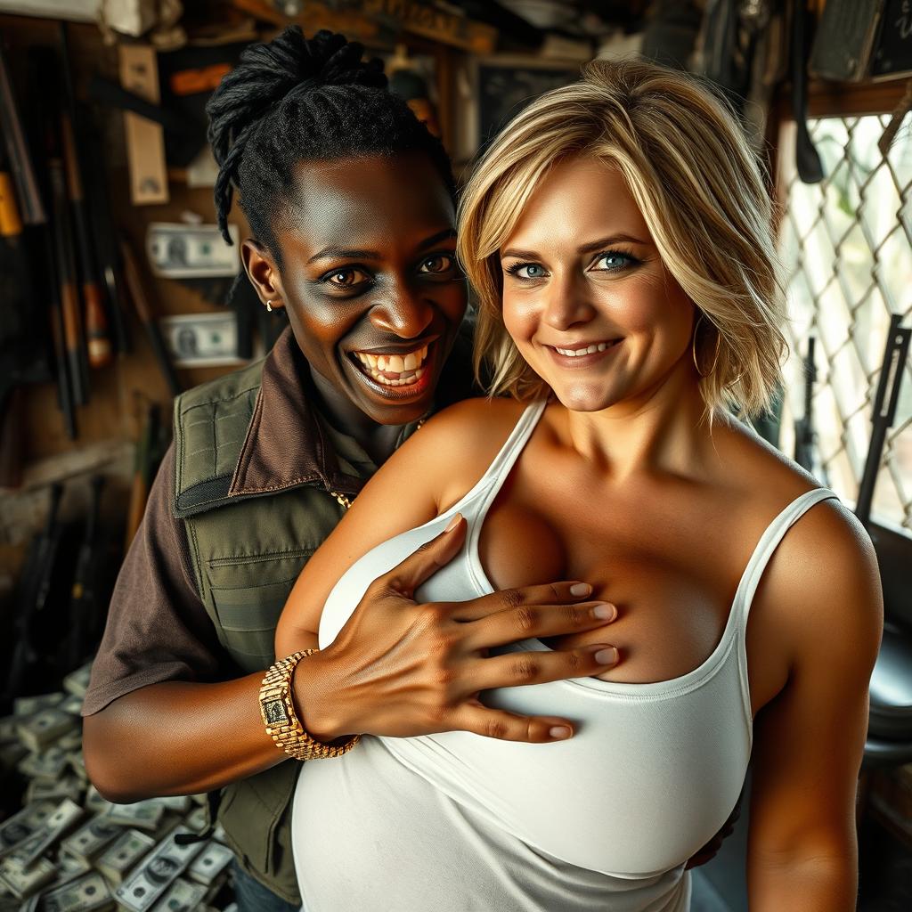 In a rundown shack brimming with weapons and piles of dollars, a young black African woman, very Short and malnourished at 30 years old, has deep black skin and displays a grimace revealing decayed teeth and bulging eyes