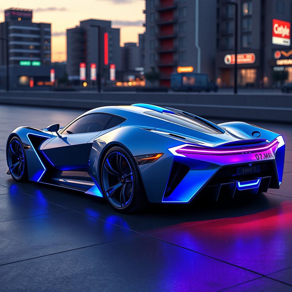 A futuristic supercar design featuring an aerodynamic body with sharp angles and curves, vibrant electric blue and silver color scheme, large alloy wheels, and an innovative lighting system
