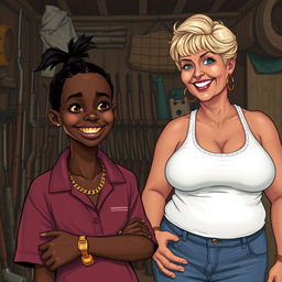 In a rundown shack filled with weapons, a young African woman, very short and undernourished, is smiling with her bright yellow teeth and striking varying stately eyes