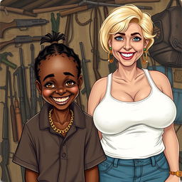 In a rundown shack filled with weapons, a young African woman, very short and undernourished, is smiling with her bright yellow teeth and striking varying stately eyes