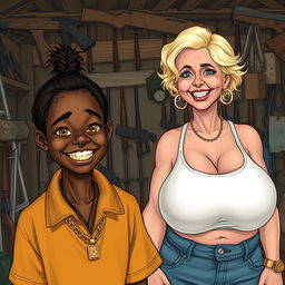 In a rundown shack filled with weapons, a young African woman, very short and undernourished, is smiling with her bright yellow teeth and striking varying stately eyes