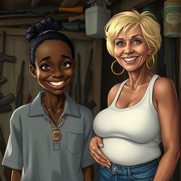 In a rundown shack filled with weapons, a young African woman, very short and undernourished, is smiling with her bright yellow teeth and striking varying stately eyes