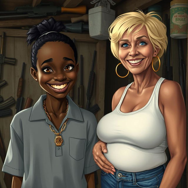 In a rundown shack filled with weapons, a young African woman, very short and undernourished, is smiling with her bright yellow teeth and striking varying stately eyes