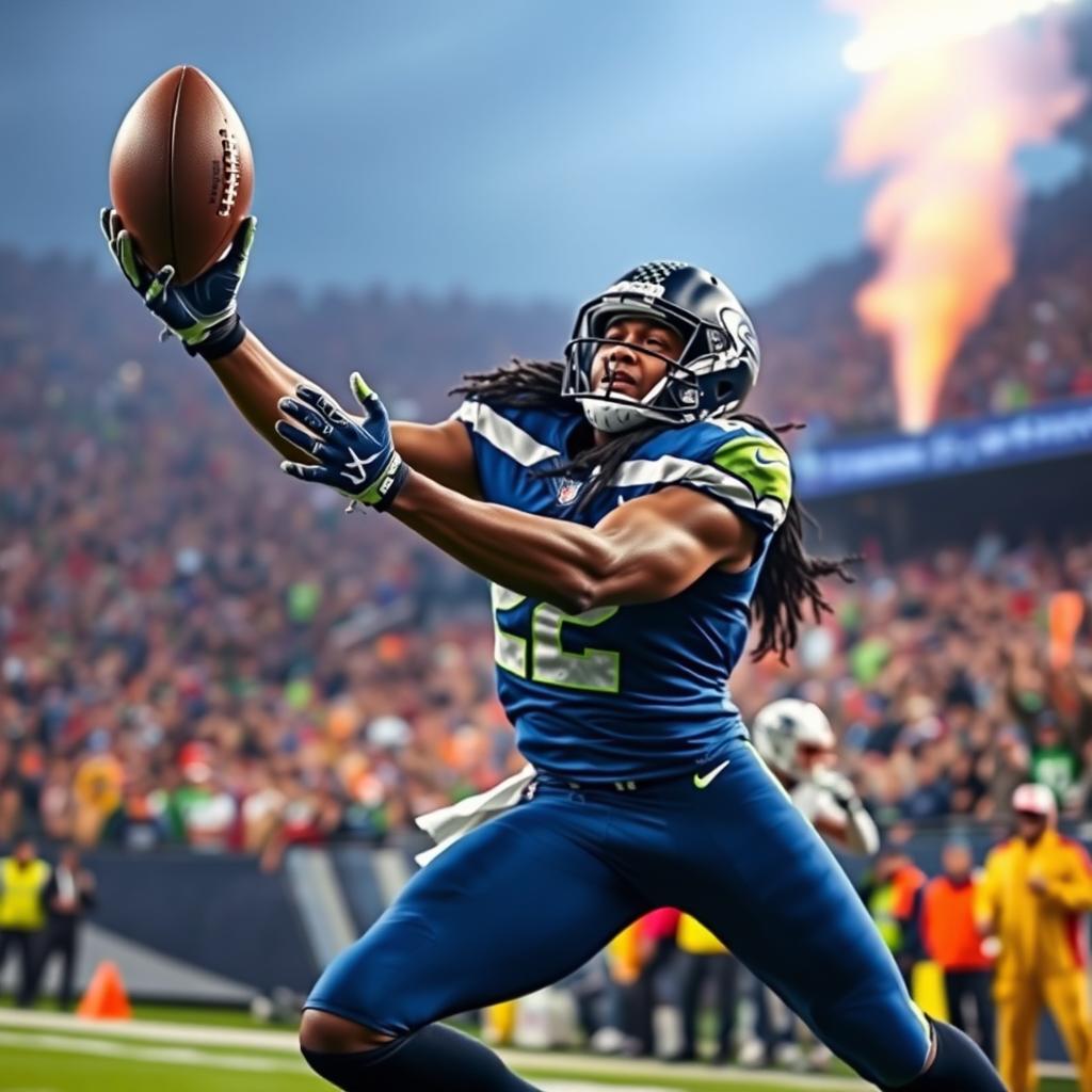 A dramatic and dynamic scene of Richard Sherman, the iconic American football player, making an incredible interception during a high-stakes NFL game