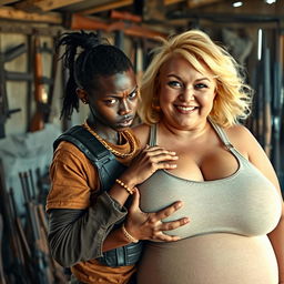 In a rundown shack filled with weapons, a very short and malnourished 25-year-old black African woman with deep black skin has an angry expression