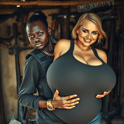 In a rundown shack filled with weapons, a very short and malnourished 25-year-old black African woman with deep black skin has an angry expression