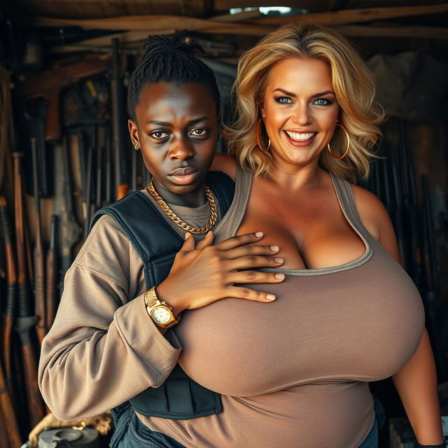 In a rundown shack filled with weapons, a very short and malnourished 25-year-old black African woman with deep black skin has an angry expression